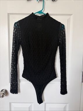 Hot Miami Styles Black Long-Sleeve Lace Mock Neck Bodysuit
